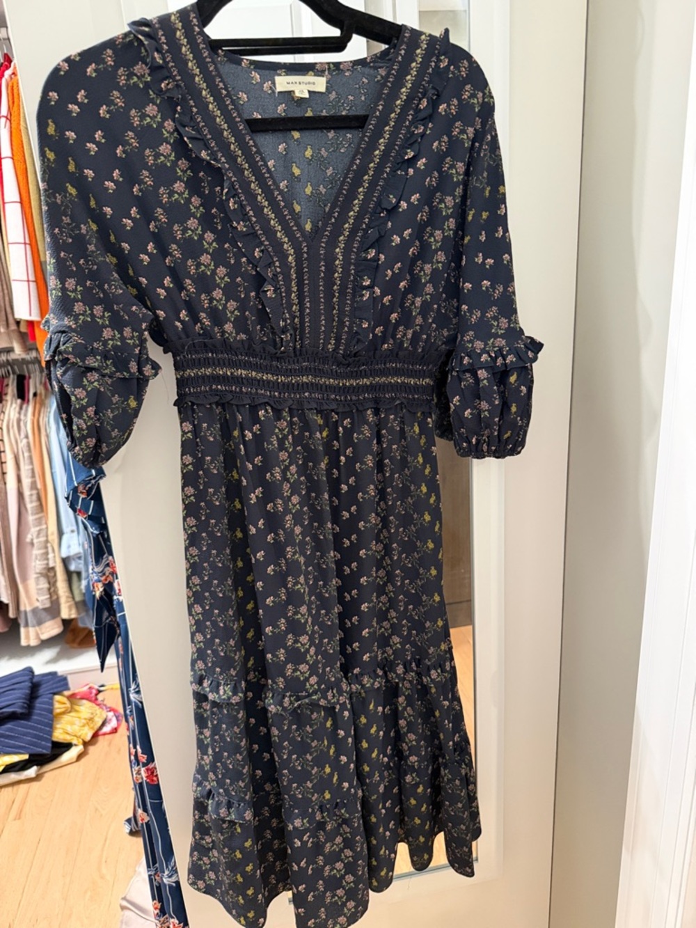 Navy Floral Smocked Waist Midi Dress